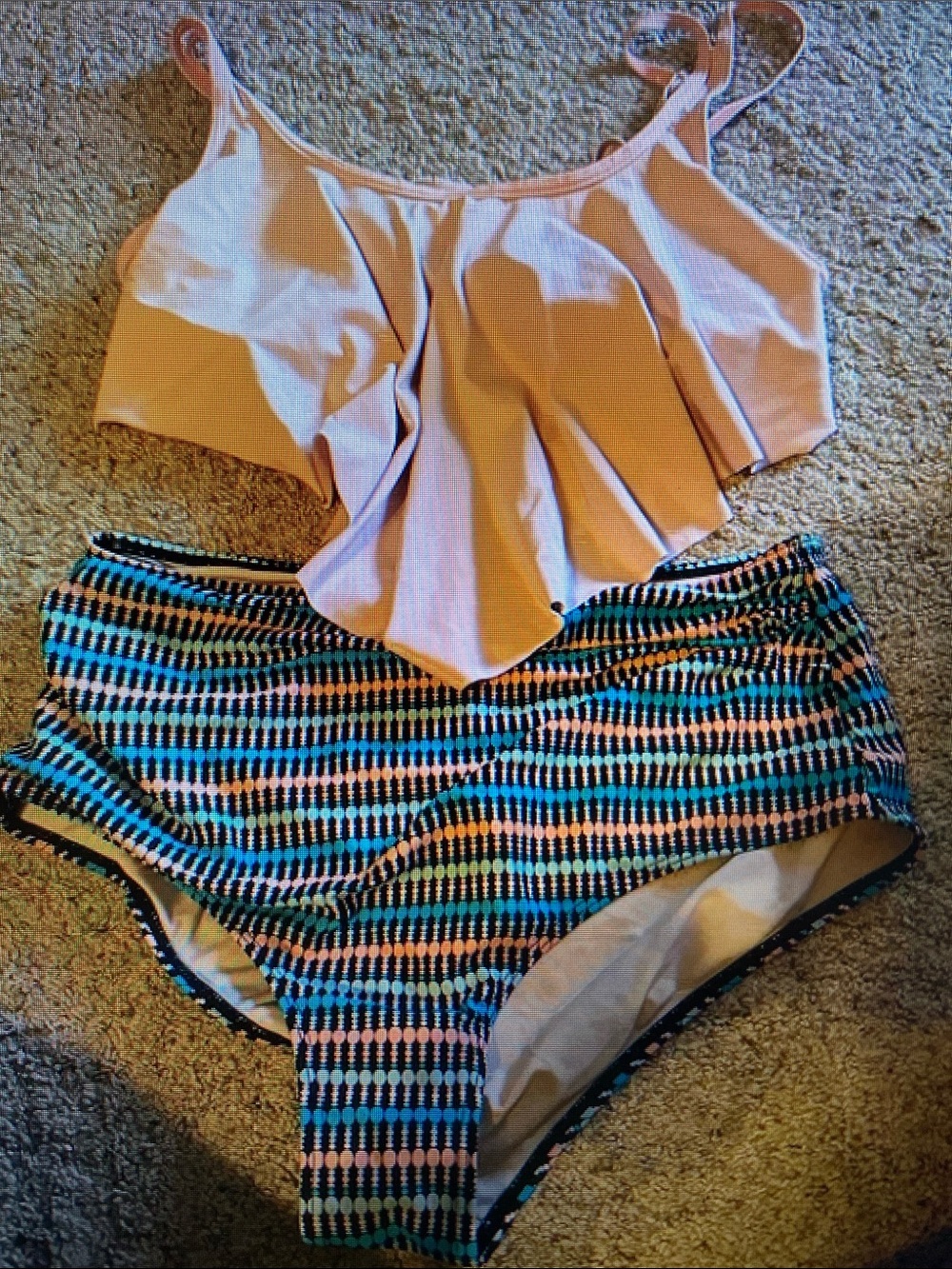 Peach Ruffle Bikini Top with Patterned High-Waist Bottoms
